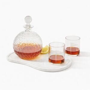 Mark & Graham Golf Ball Whiskey Decanter Etched Glasses Set Marble Tray